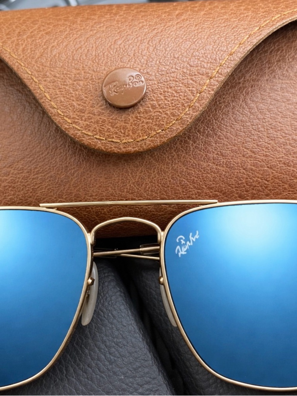 Ray-Ban Gold Frame Sunglasses with Blue Mirrored Lenses